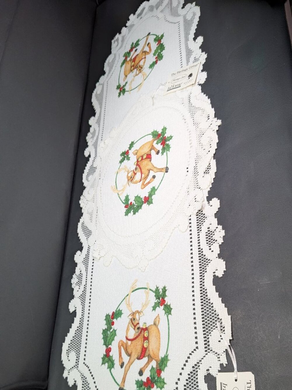 NWT Heritage Lace Reindeer (2)Table Runner Doily Set Holly White Christmas Decor